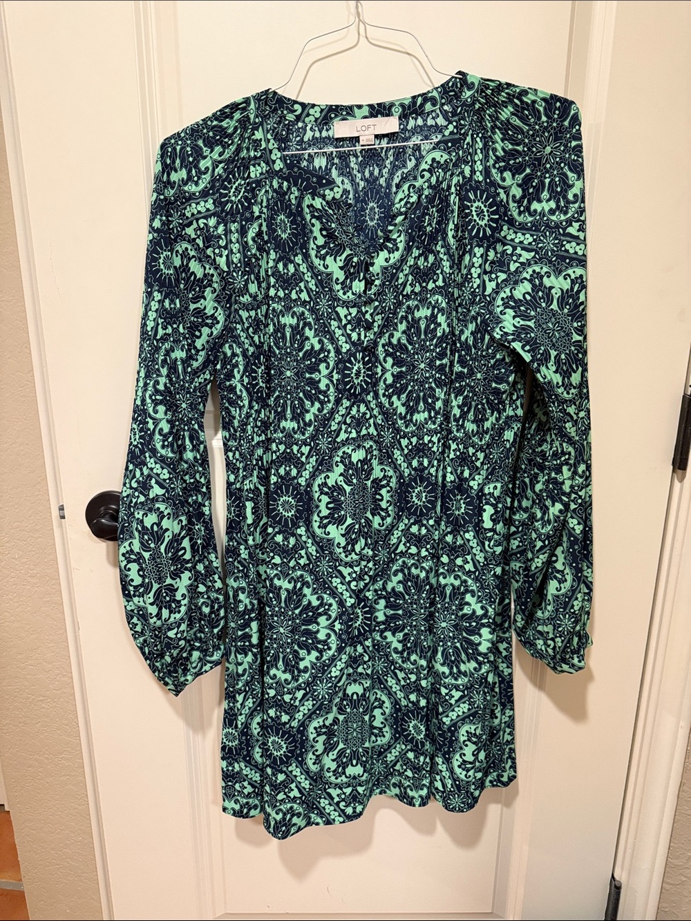 LOFT Aqua and Navy Floral Medallion Tunic Dress